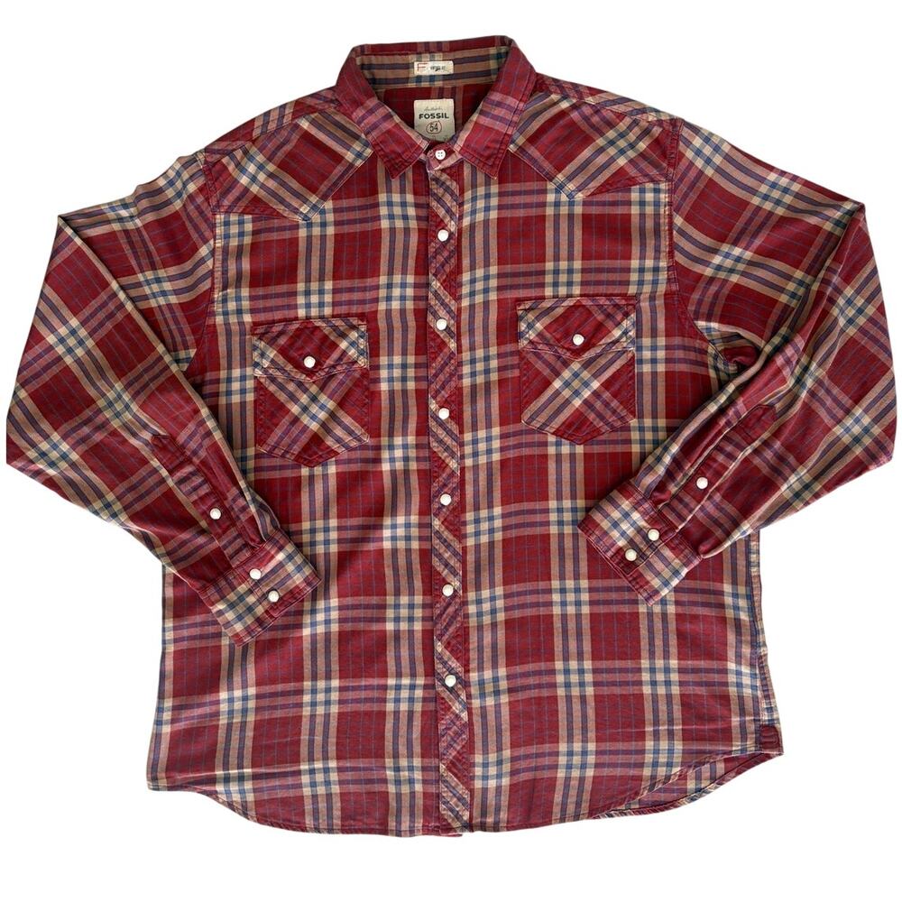Fossil 1952 Vintage Western Plaid Pearl Snaps in 100% Cotton Soft Shirt Size XL